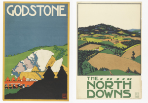Image of two illustrated travel posters. On the left, a poster with a graphic illustration of scenery with railway cars, and rock face of a distant hill side. Top of poster reads 'Godstone' in white text against a flat blue sky. On the right, a travel poster with graphic illustration of scenic rolling hills with patches of green and brown receding into the distance. Lower portion of the poster reads 'The North Downs' in green type.