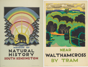 Image of two illustrated travel posters. On the left, one poster for the Museum of Natural History- South Kensington with stylized clouds painted as cascading arcs that also serve as rainbows and light emanating from the silhouette of a Mammoth. On the right, an Illustrated travel poster with landscape with green, blue-green, and near-black trees. The trees have scalloped edges and cascade to a small architectural form in the stance. The bottom reads 'Near Walthamcross by Tram'