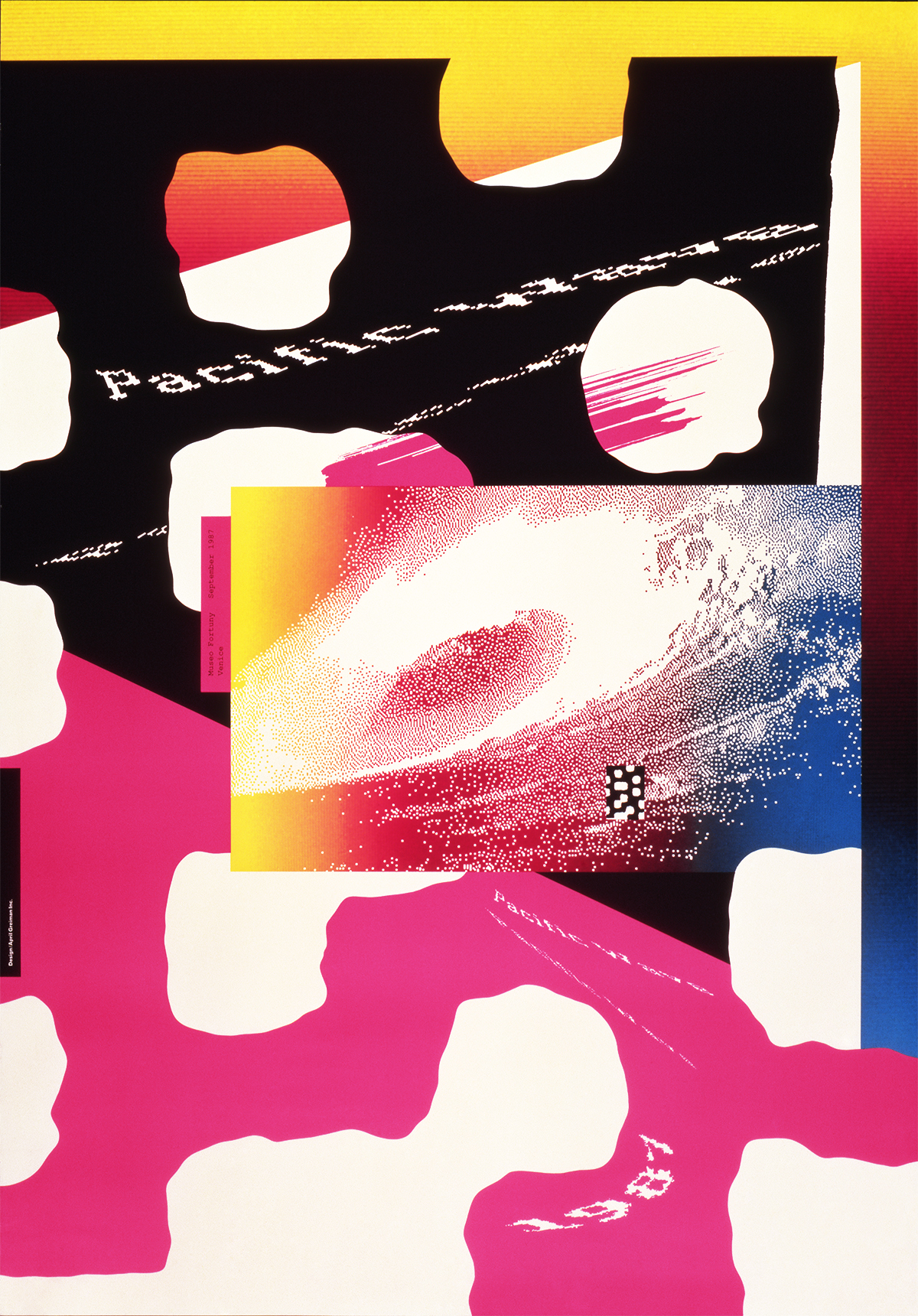 Cropped promotional poster for 'Pacific Wave' at Museo Fortung in Venice. Layering of irregular, flowing shapes with holes like surface of Swiss cheese in hot pink at top half and black at bottom half. At top “Pacific Wave” (in white) in ascending diagonal on pink background and same text repeated below in descending diagonal on black background. Border in shape of right triangle along top edge in color gradation from yellow at top to orange and then red. One and half inch border with same color gradation along right edge except near bottom with same color gradation. Large rectangle at center to right edge layered on top with image of galaxy with shape of Milky Way (in white) and universe (in maroon, yellow, blue). Another small box superimposed with black with irregular shaped holes like Swiss cheese. Vertical pink box along right side of box with image of galaxy.