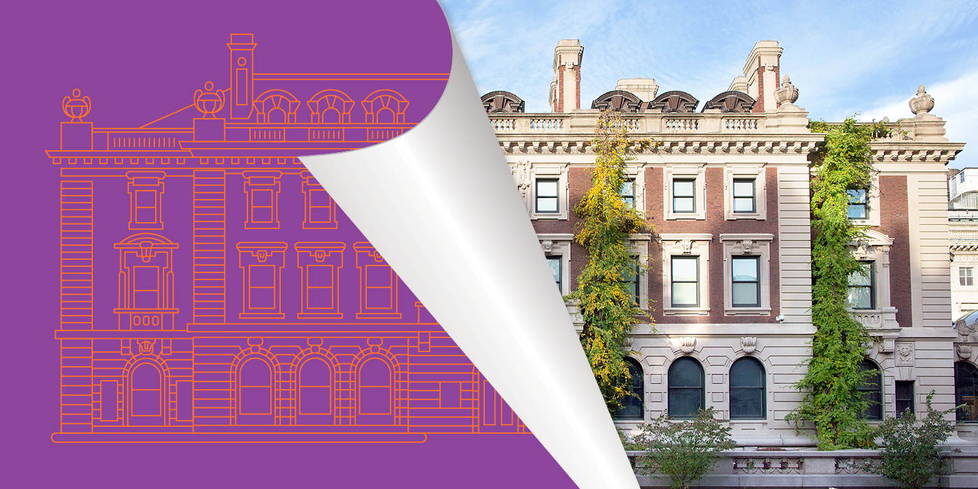 Line drawing of the Carnegie Mansion rendered in orange and purple overlaid on a photo of the Carnegie Mansion