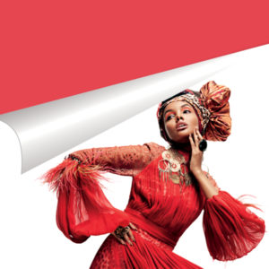 Photograph of a model wearing a detailed red dress, folded back to reveal a red background beneath.