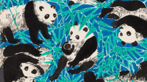 A print with black and white pandas surrounded by bamboo and a blue background. The panda in the center of the print has a stick in its mouth.