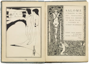 Open spread of an illustrated book. On the left is a full-page black-and-white image of two elongated figures looking at a third figure that resembles a full moon. On the right is the book's title page. Two figures are embedded in intricate foliage. A rectangle with a blank background contains the title: "Salome: A Tragedy in one Act : Translated from the French of Oscar Wilde : Pictured by Aubrey Beardsley"