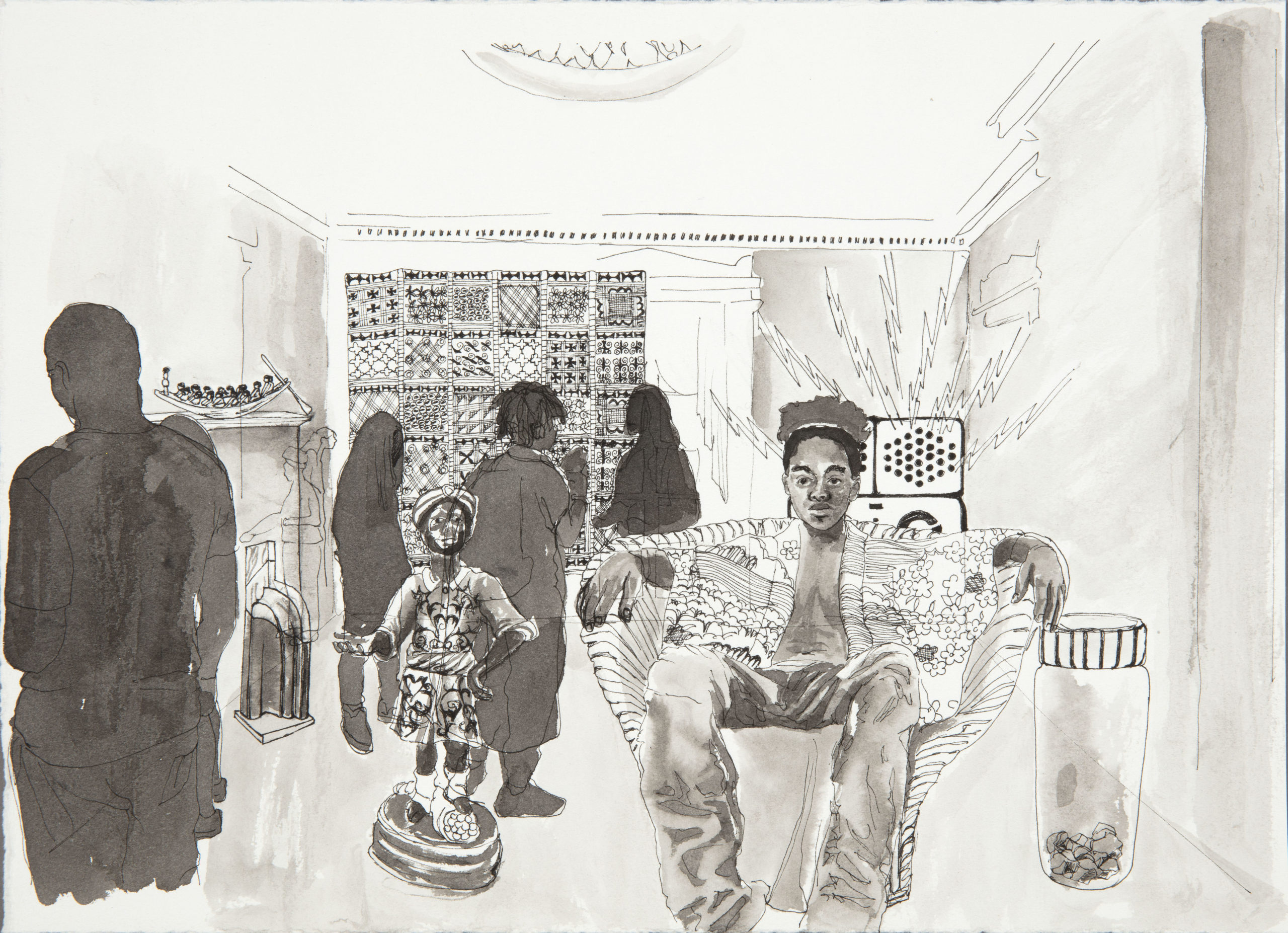 A black ink line drawing with washes of dark grey on off white paper depicting what appears to be a scene of people viewing an art exhibition. On the right a dark-skinned figure sits facing the viewer on a round-backed chair, to the figure's left is a blackamoor sculpture of an ornately dressed, very dark-skinned figure. To its left and behind is an array of figures, rendered in dark grey shadow, viewing various artifacts around the room, including a sculpture of a boat filled with figures, an ornate hanging tapestry and a radio blasting sound represented with jagged lines.