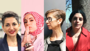 Headshots of the women featured as speakers for Arab Fashion and Identity on May 25, 2021 at Cooper Hewitt. From left: Dr. Lina Abirafeh, wearing a blue jacket, short cropped salt and pepper hair; Mona Haydar, wearing a red and white kaffiyeh wtih her hands in prayer against her mouth; Reina Lewis, dark rimmed glasses, with short cropped brown/blonde hair; and Céline Semaan, wearing a deep red jacket, standing in front of a tree, with long black hair pulled back.