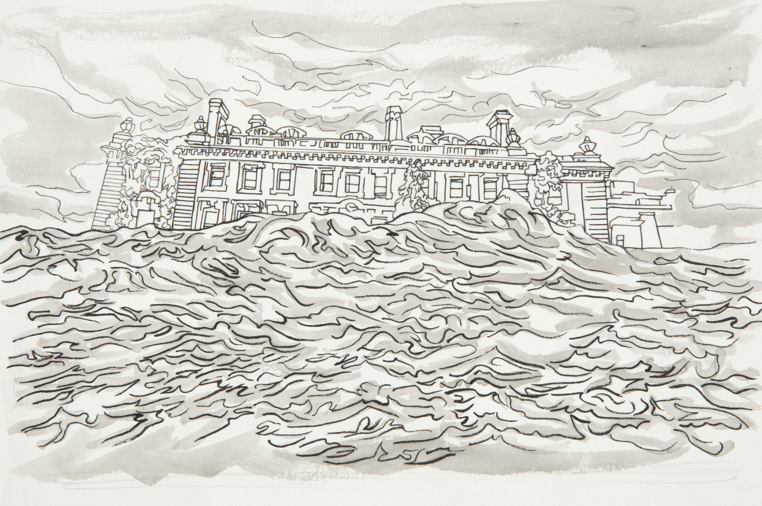 A black ink outline drawing with shaded grey washes on off-white paper depicting the early 20th century, neo-Georgian style, sprawling mansion that houses the Cooper Hewitt, Smithsonian Design Museum, viewed from below as it is almost entirely submerged in turbulent, surging waves, and engulfed by dark, storm clouds.