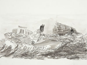 A black ink line drawing with shaded grey washes on off white paper depicting a robed and masked, dark-skinned figure standing astride a jet ski, speeding through turbulent waves, with a smaller figure, also on a jet ski, in the background. The figures are set against a backdrop of two buildings, the Yankee stadium and a high-rise multi-unit, and a pale, still sky.