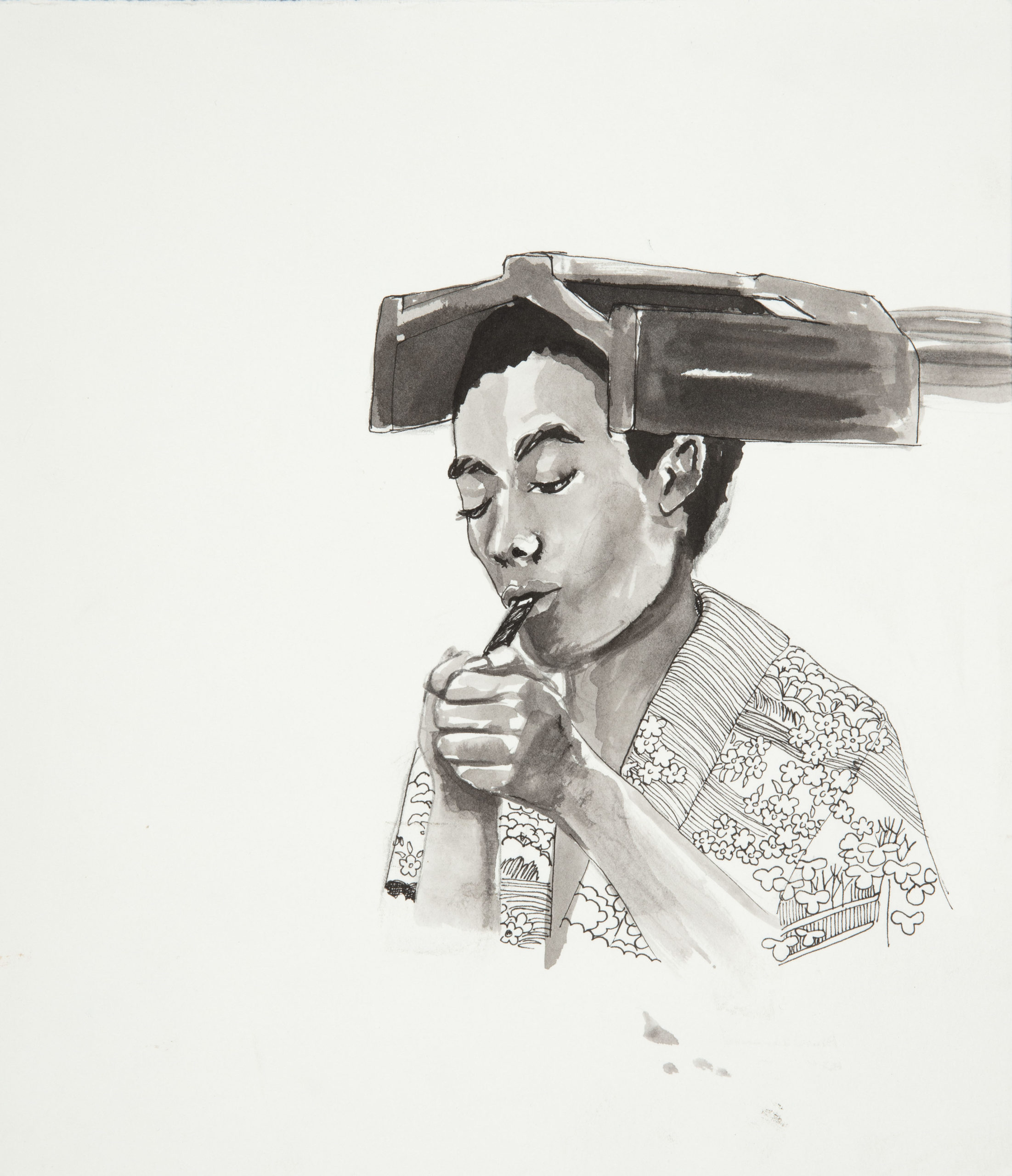 A black ink outline drawing with shaded grey washes of the top half of a medium skin-toned person smoking a pipe, a flipped-up mask resting horizontally on their head.