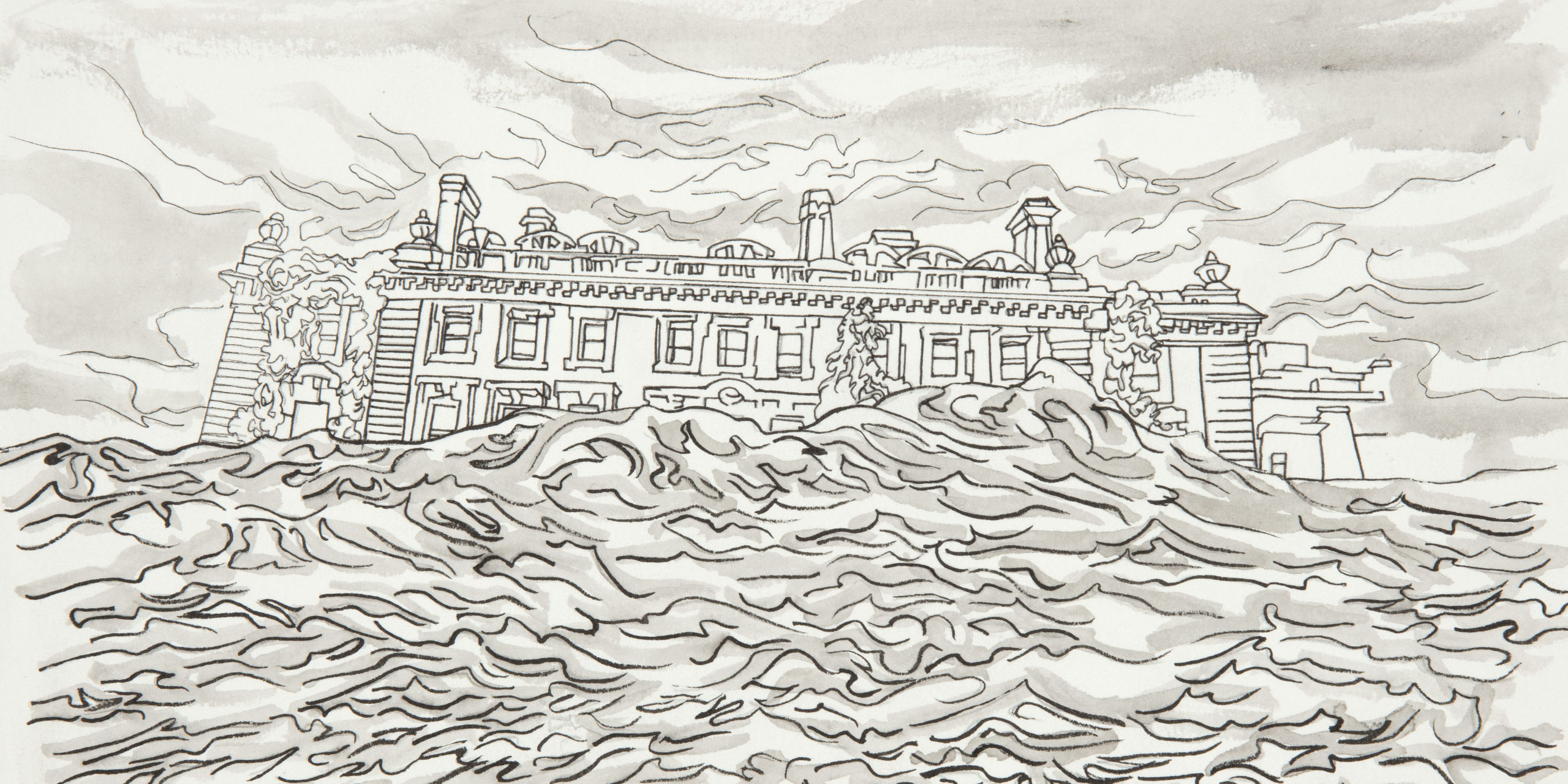 Black-and-white illustration of the Carnegie Mansion with tsunami waves hitting the building.