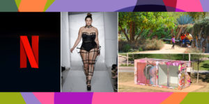Three images on a colorful background. From left to right: the Netflix "N" logo, a photo of a model on the runway wearing a futuristic body suit, an image of a park, and an image of a shipping container.