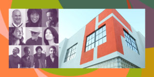 Image of 10 staff members of Imaginary Forces next to the building of the design studio Imaginary Forces, showing a white building with the letters IF in orange overlapping the corner.