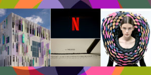 Images on a colorful background. From left to right: a building with colorful, holographic panels, the Netflix logo and the intro to "The Pacific", a person wearing a large collar.