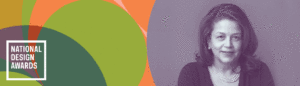 Rectangular tile banner with a pattern of intersecting colored curves and a greyscale piece on the right with rotating photos of the current national design award winners.