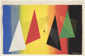 A stage design composed of vertical stripes in blue, yellow, orange, red and black, with four large triangles in white, red, black and green in the center. The triangles are overlaid with groups of colored diagonal lines.