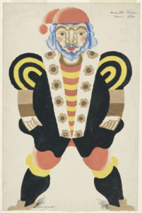 Stylized drawing of standing bearded King Henry VIII in royal 16th Century costume filled with black, red, yellow, beige and brown gouache paint.