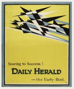 A bright yellow poster advertising the Daily Herald, with a stylized black, white and grey flock of birds in flight in the top right corner and black text below