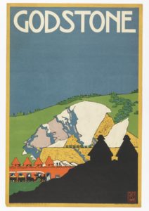 Color poster of a view of the countryside with quarry, train, and silhouette of buildings in foreground.