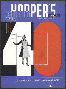 Bold, graphic Harper’s Bazaar magazine cover in blue, orange-red, black, and white, featuring [1940] in large colorblock, overlaid with a black and white photograph of an elegantly dressed woman.