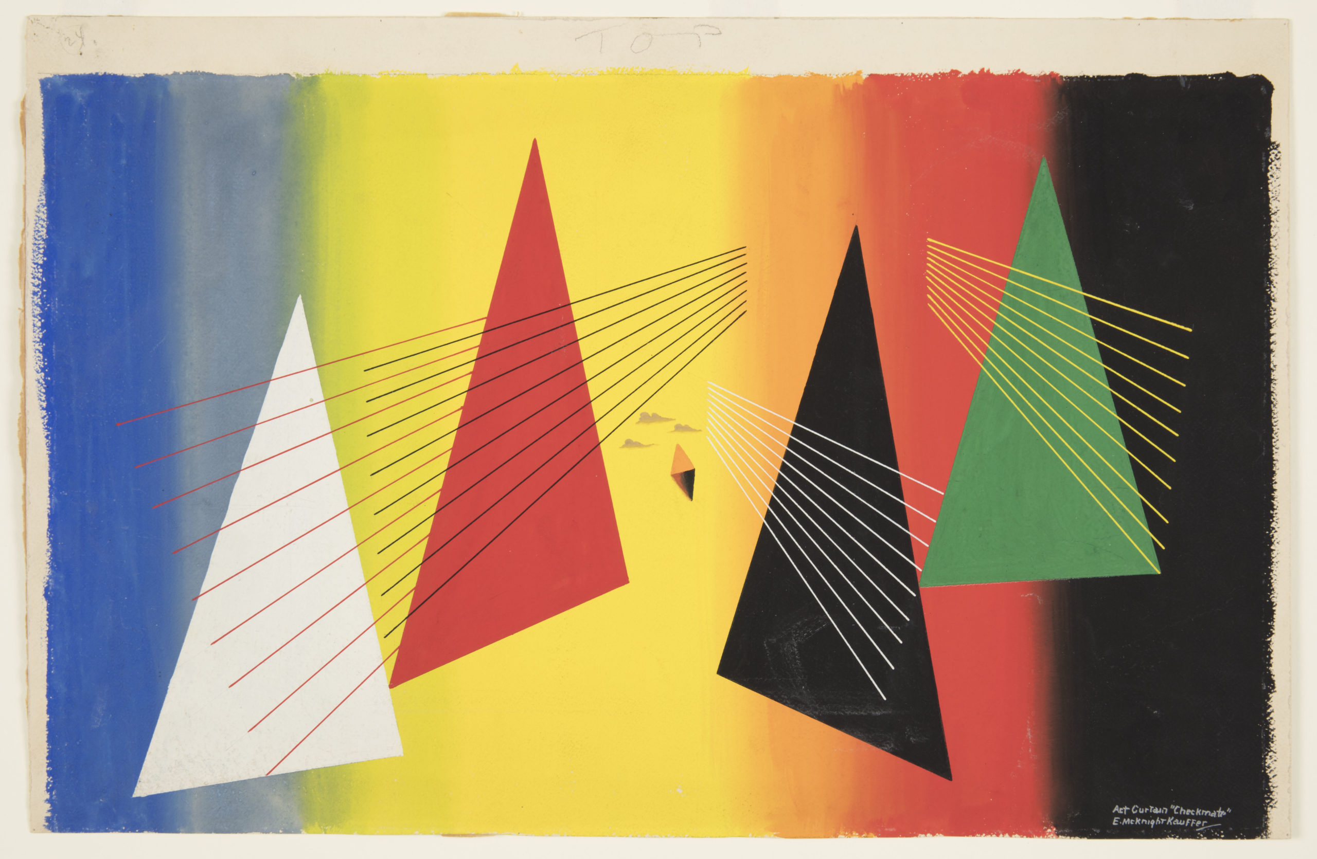 Design for the backdrop used during the main act of "Checkmate". Background composed of vertical stripes of blue, green, yellow, orange, red and black. At center, 4 large triangles in white, red, black, and green white, red, and green superimposed with three groupings of perspectival, converging lines. At center, an orange diamond and three small, gray cloud forms.