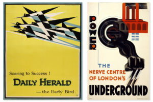 Left: Poster with flock of birds in flight against yellow background, with below text: "Soaring to Success ! / DAILY HERALD / — the Early Bird.” Right: Centered stylized black arm swoops forward with extended fist from black round circle, geometric red structure in background of upper right corner. Black, blue, red text: "POWER / THE / NERVE CENTRE / OF LONDON'S / UNDERGROUND".