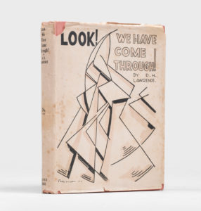 The front cover and spine of a vertically standing book with a dust jacket design featuring text and a quasi-Cubist image of two idealized figures walking briskly.