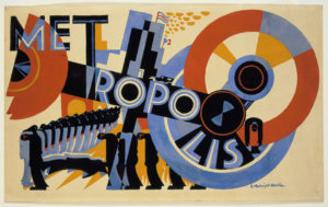 Poster for the film Metropolis depicting formations of stooped workers beneath high rise buildings and giant machine wheels.