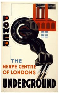 Centered stylized black arm swoops forward with extended fist from black round circle, geometric red structure in background of upper right corner. Black, blue, red text reads [POWER / THE / NERVE CENTRE / OF LONDON'S / UNDERGROUND].