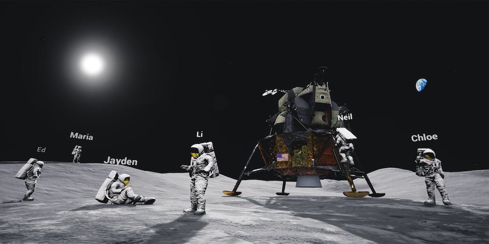 A moonscape against a black sky with the sun and earth in the upper left and right of the image. In the foreground are six astronauts in white spacesuits, who are in various poses, mostly standing, one sitting. One of the six is climbing down from the Apollo 11 moon lander onto the moon surface. The astronauts names, "Neil, Chloe, Li, Jayden, Maria, and Ed" float above their heads.