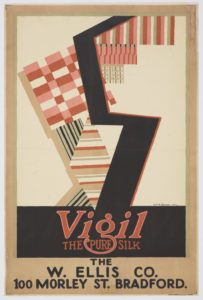 Poster with colorful geometric forms filled with striped patterns, abstracted black "s" shape, with below text [Vigil / THE PURE SILK] and the address below.