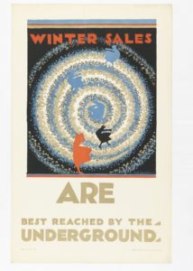 Poster of spiral of gray-blue, beige, dark gray splatter-like dots set on top of a large white circle, black background, and silhouettes of figures in dresses falling or dancing. Text above reads [WINTER SALES] and below image states [ARE/ BEST REACHED BY THE/ UNDERGROUND].
