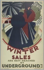 Poster of stylized scene with predominately black, olive green, and red coloring of two figures wearing coats with holding open umbrellas, rain, clouds, and background of building and portion of a body of water. Below text reads [WINTER / SALES / ARE BEST REACHED / BY / UNDERGROUND].