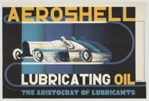 Graphic advertising poster for [AEROSHELL LUBRICATING OIL], with a stylized image of a sleek racing car in motion, in black, deep blues, white, and warm yellow