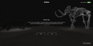 Onboarding screen from Art Echo that shows text asking users if they are familiar with the practice of echolocation. In the background on the right, there is a dramatically lit woolly mammoth skeleton. On the left is a dinosaur skeleton that is hard to discern because of low lighting.