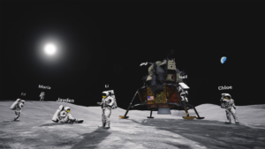 A 3D rendering of the moon's surface. The sun and the Earth are visible in the black sky to the left and right of the image. On the surface is a 3D rendering of the Apollo 11 moon lander, with astronauts in various poses between the foreground and the background. Each astronaut has a name over their head. The names are representative of different genders and cultural backgrounds.