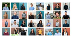 A colorful collage of thirty-two headshots