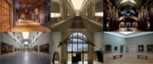 Collage of six empty museum spaces meant to symbolize open possibilities for museum experience