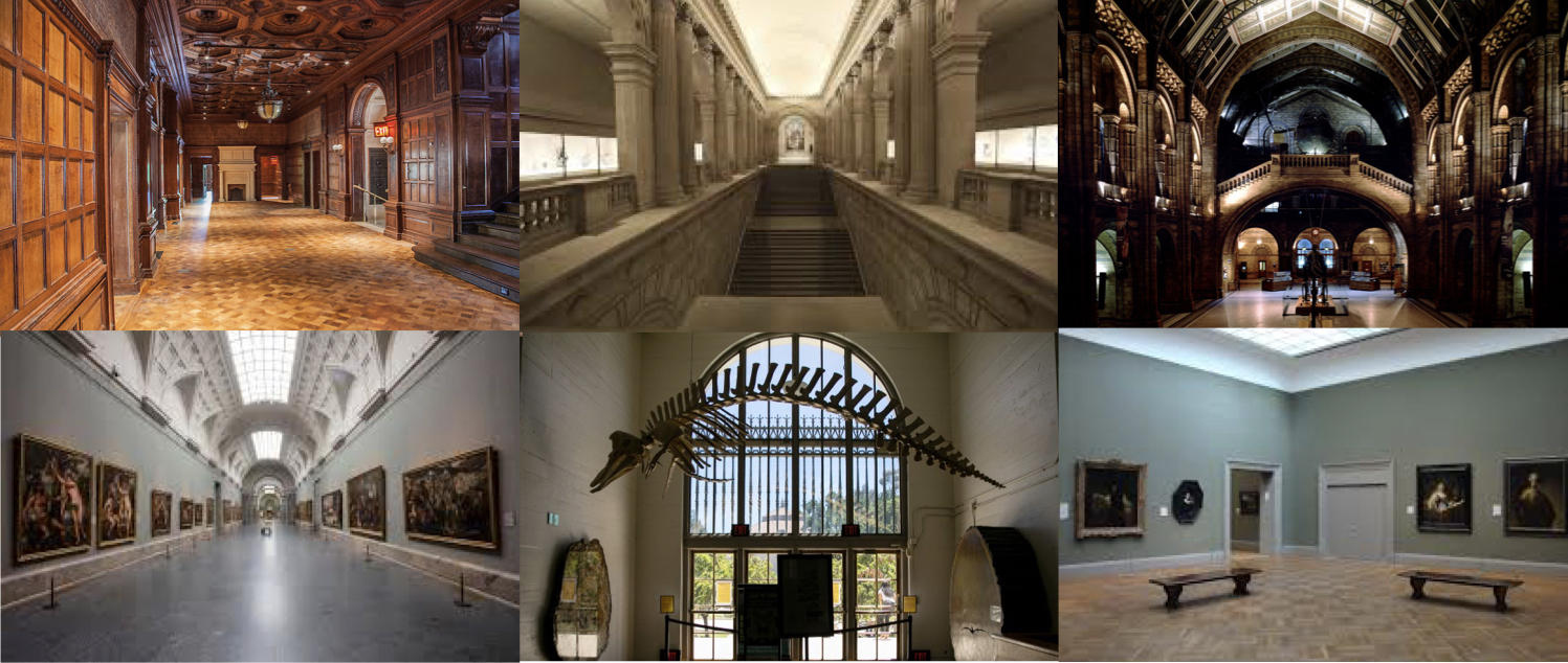 Collage of six empty museum spaces meant to symbolize open possibilities for museum experience