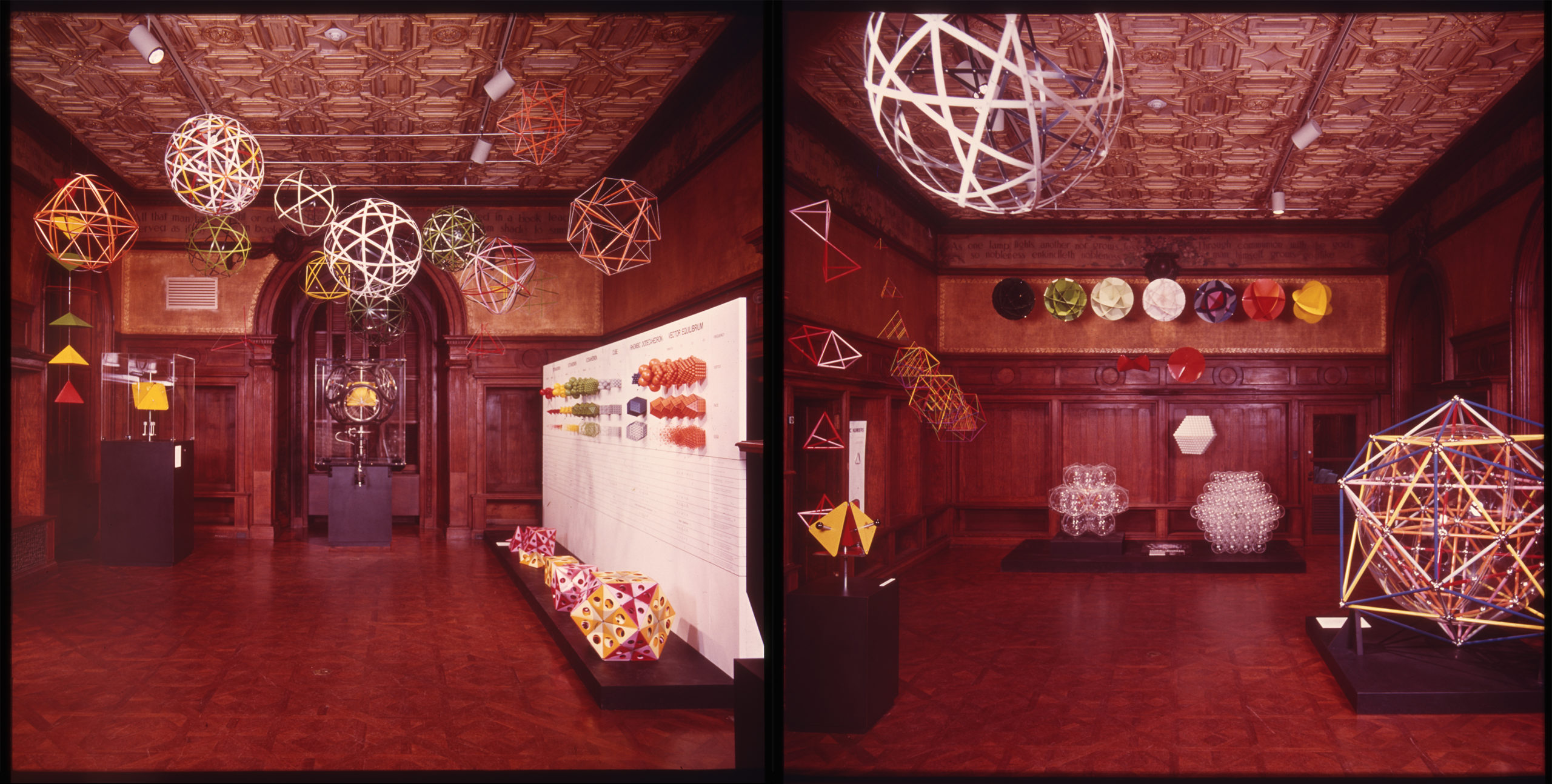 Composite image of two photographs, both picturing an exhibition of geometric structures in a brown wooded room.