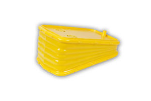 Yellow plastic accordion-like device with ridges that collapse when pressed; perforations at the front allow for air to circulate through