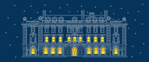 An animated gif of the Carnegie Mansion with falling snow and twinkling yellow lights in the windows. A white line drawing of the Carnegie Mansion is set against a dark blue background.