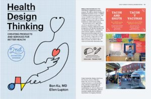 Book cover with graph paper background with black, underlined text that reads “Health Design Thinking.” A line illustration of a person is also featured with a stethoscope and red heart.