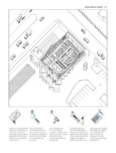 Schematic axonometric diagram illustration explaining architectural elements and their functions towards creating a contained water system