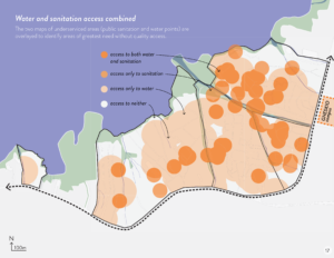 Map view of Haiti with pale orange areas indicating access only to water and dark orange dots indicating access to both water and sanitation