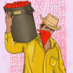 An eye-catching poster of a cartoon-like worker holding a bin of tomatoes and the words [WORKERS FIRST] printed in bubble font repeating vertically in wavy lines filling the background.