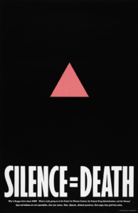Vertical, rectangular, black graphic poster with a small, pink triangle in top-center, and large white text in capital letters at the bottom which reads [SILENCE = DEATH]