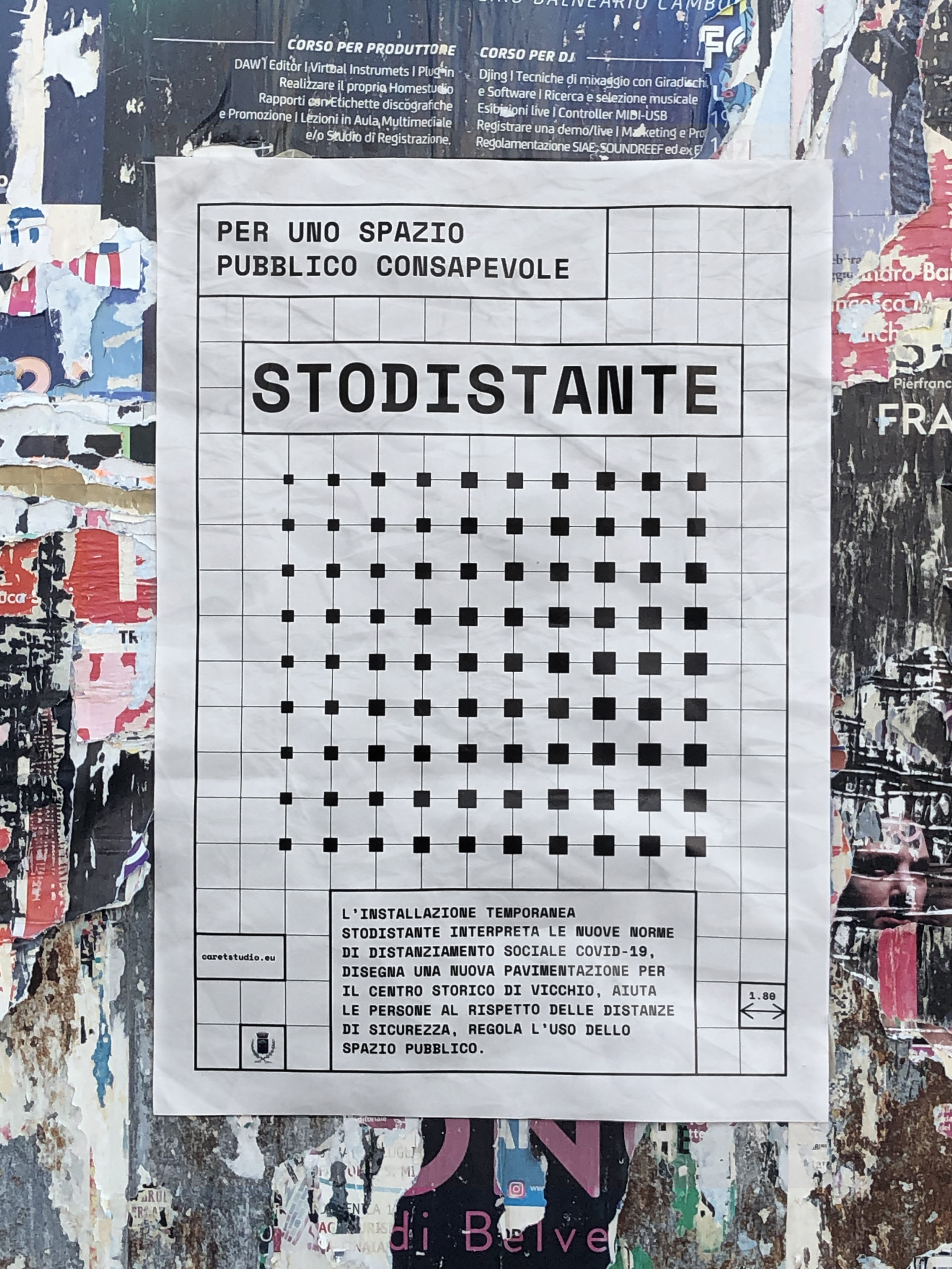 White paper poster advertising an art installation for social distancing using black squares in a 9 x 8 grid, each square in each row gets larger from left to right