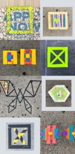 Eight images arranged in rows of two, each showing a square or other marker made of colorful tape on the sidewalk to show people how to safely social distance in public spaces