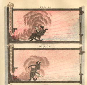 Two almost identical drawings, one on top of the other, illustrating a seated light-skinned person leisurely reading a newspaper in front of a smoking fireplace. The upper drawing depicts the person seated normally in front of the fire, the lower drawing depicts the seated person completely upside down.