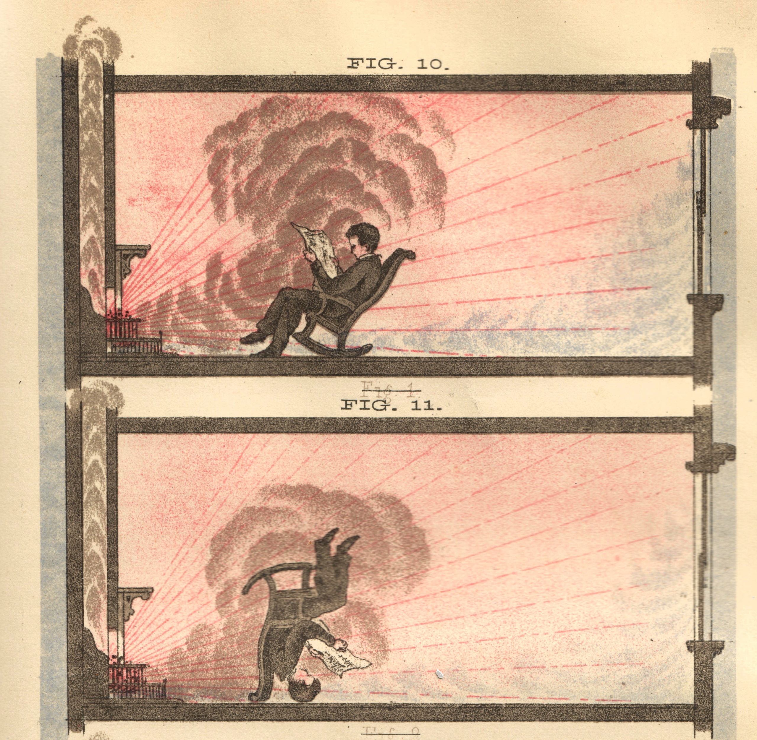 Two almost identical drawings, one on top of the other, illustrating a seated light-skinned person leisurely reading a newspaper in front of a smoking fireplace. The upper drawing depicts the person seated normally in front of the fire, the lower drawing depicts the seated person completely upside down.