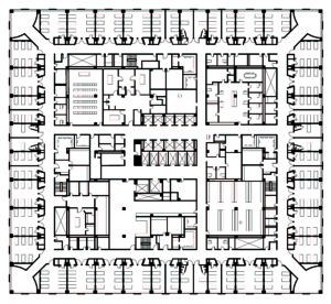 Plan view of an illustration of a square hospital building